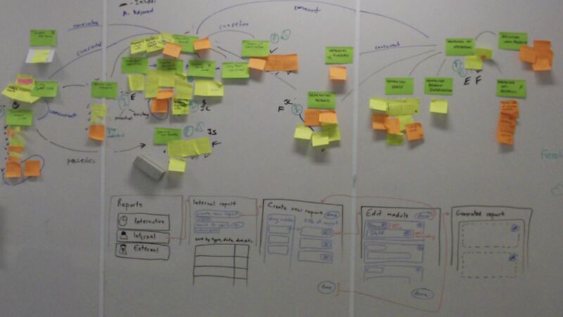 Team clustering sticky notes and sketches during a workshop.